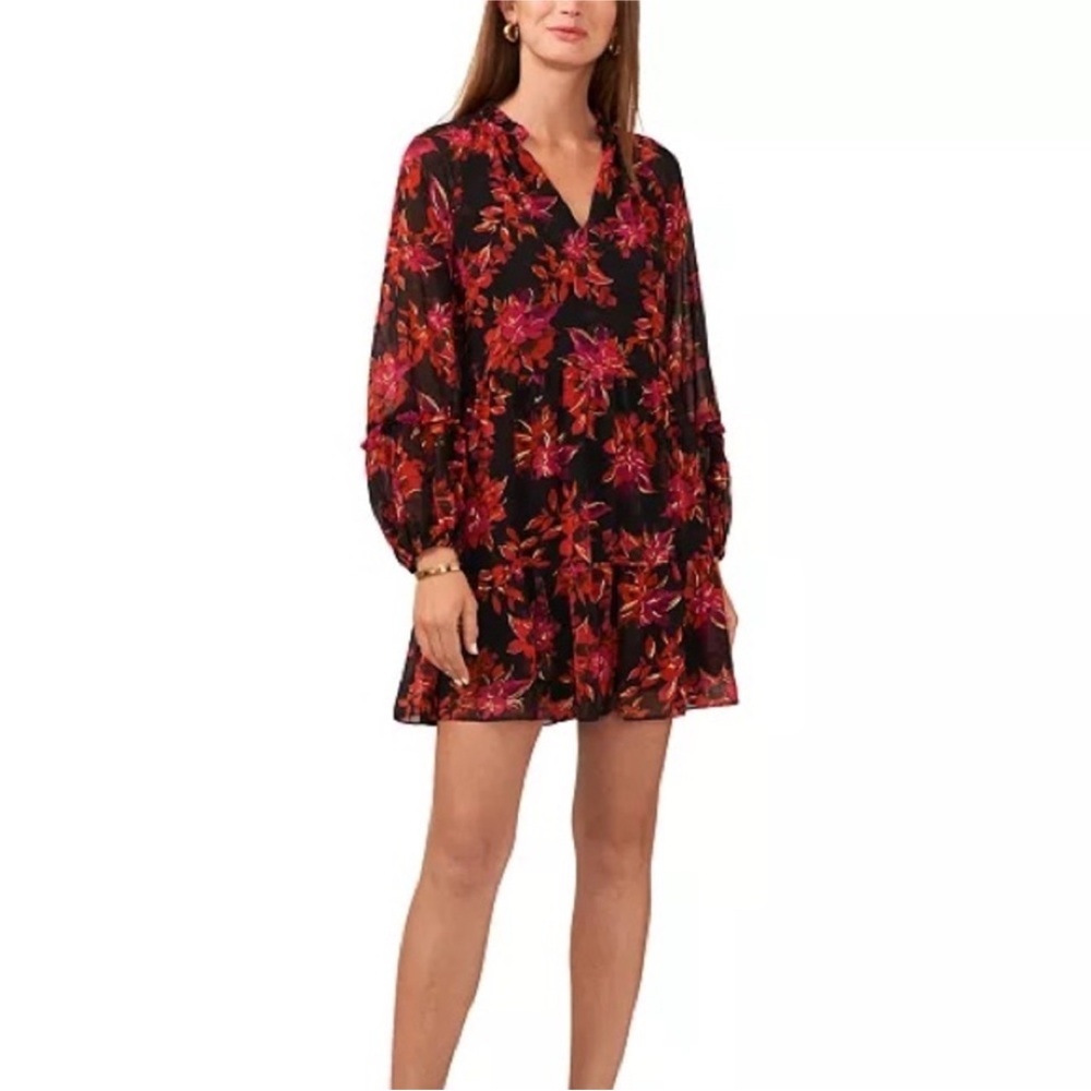 Vince Camuto Black and Red Floral Long Sleeve Dress